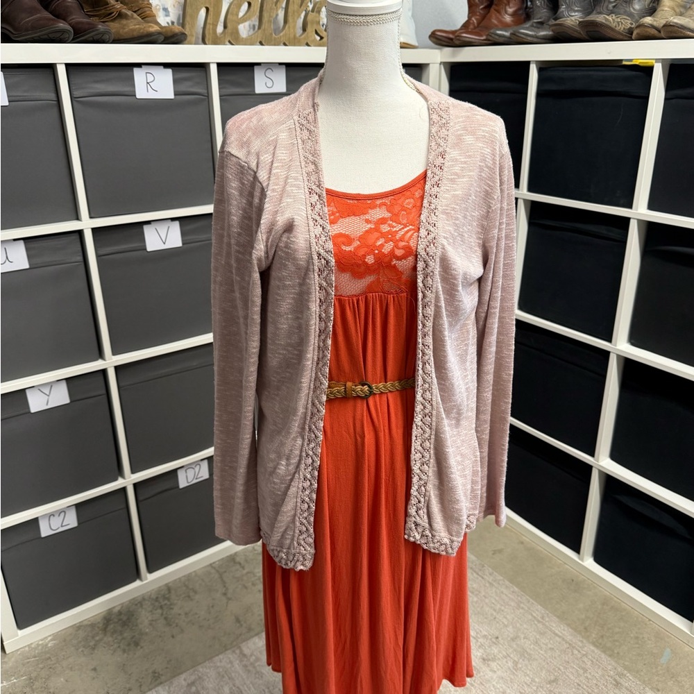 Lungo L’Arno Italian Pink Open Knit Crochet Lace Trim Cardigan